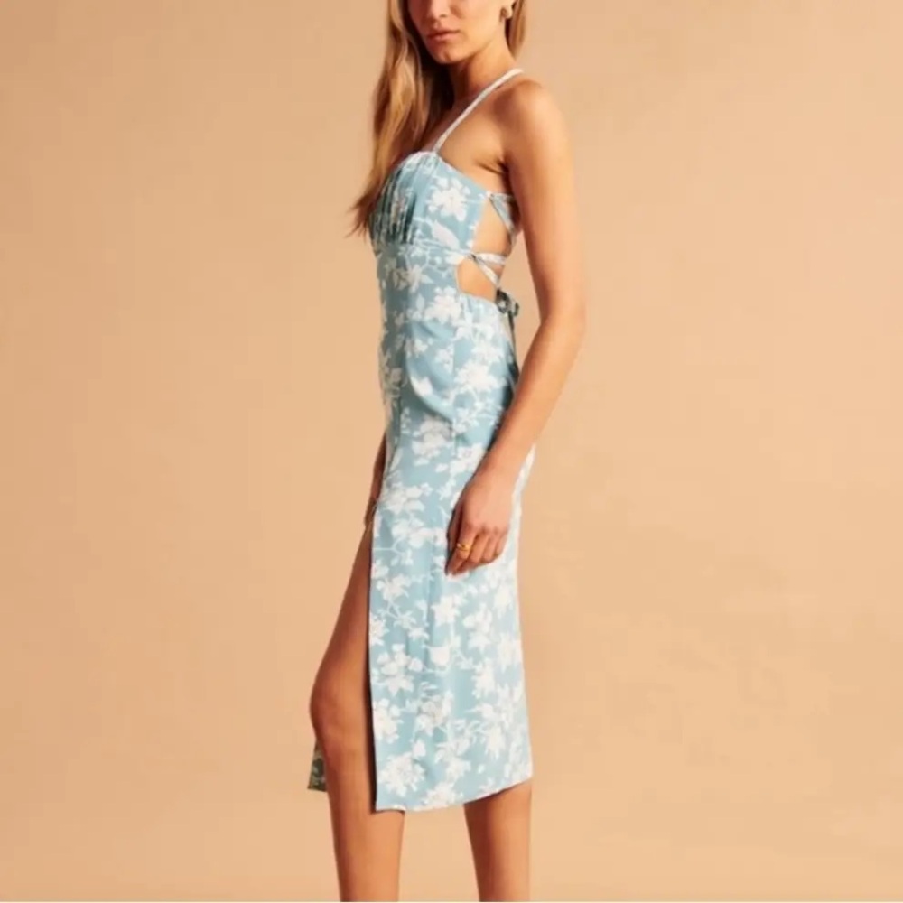 ABERCROMBIE AND FITCH Blue Floral Ruched Satin Midi Dress Size XL